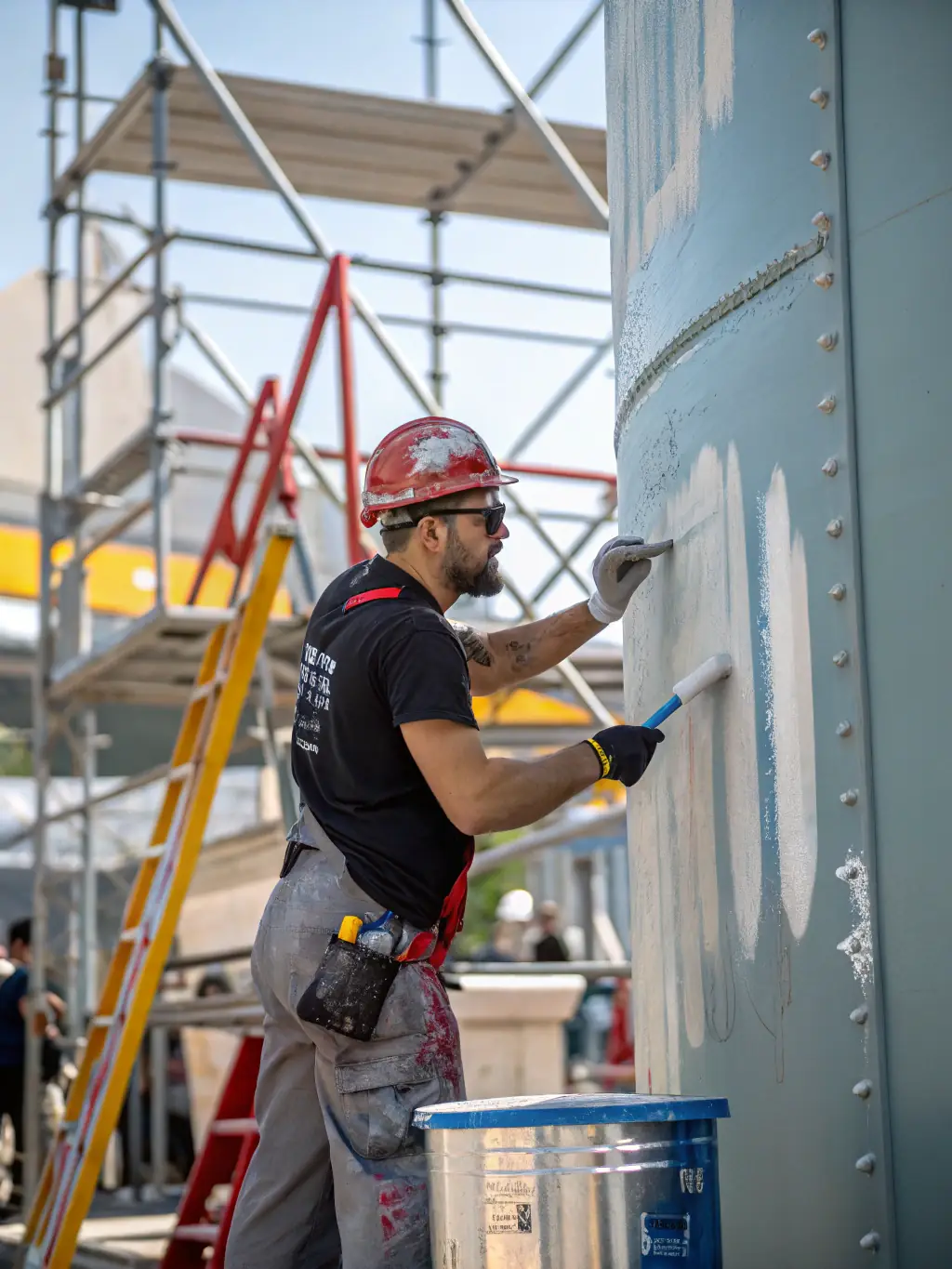 A close-up shot of a Bud-Max Renowacje worker meticulously applying paint, highlighting the attention to detail and quality of workmanship.