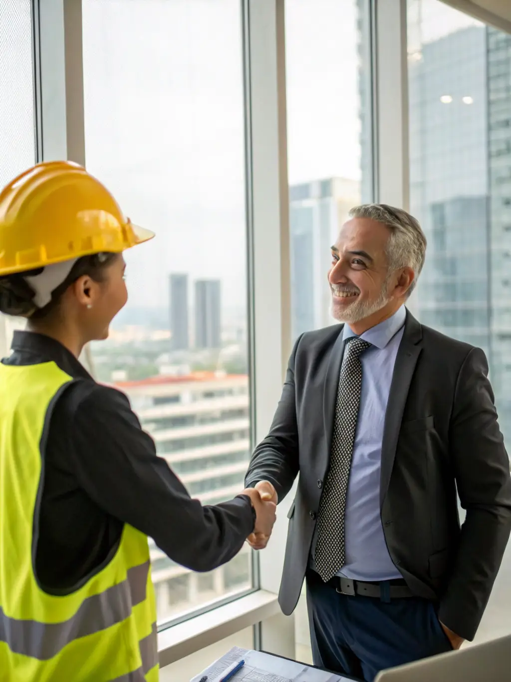 A photo of a satisfied client shaking hands with a Bud-Max Renowacje representative, symbolizing trust and reliability.