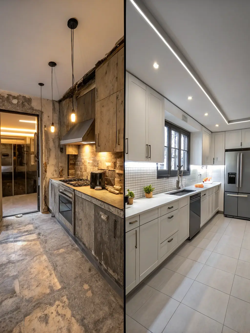 A before-and-after split image showing an outdated kitchen before renovation and the same kitchen after a modern, stylish renovation by Bud-Max Renowacje, highlighting the dramatic transformation.