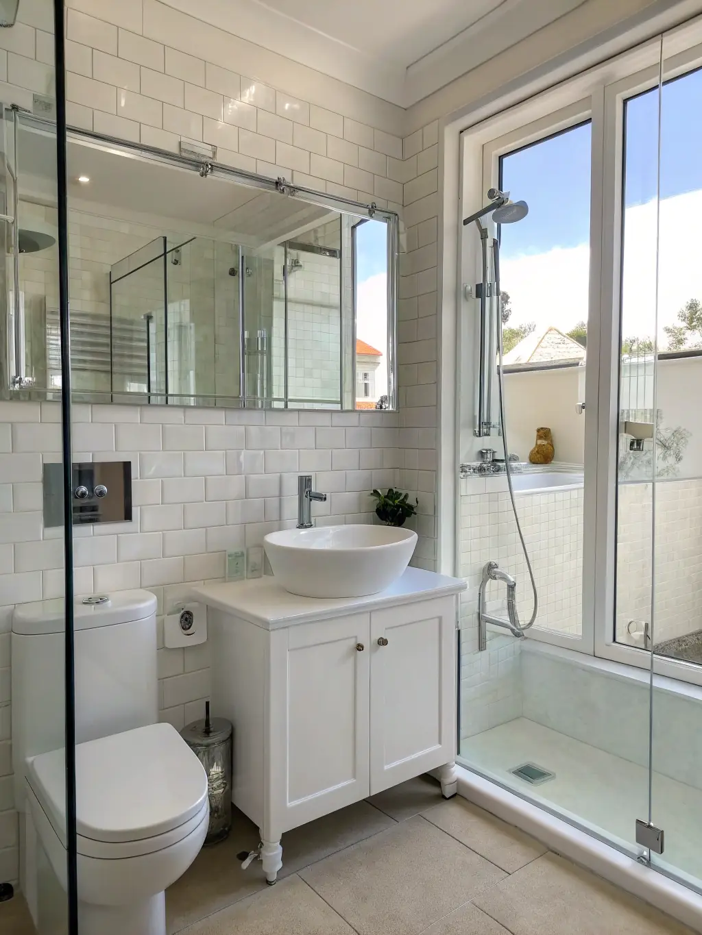 A high-quality photograph showcasing a recently renovated apartment bathroom with modern fixtures and tiling, emphasizing the clean lines and updated design achieved by Bud-Max Renowacje.
