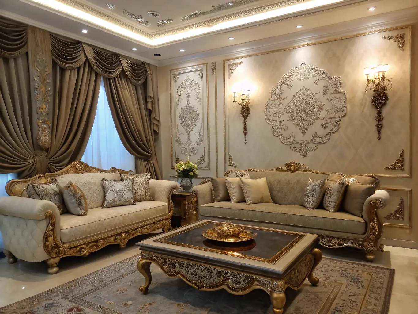 A photograph of an elegantly finished interior, featuring a modern living room with stylish furniture, decorative elements, and high-quality finishes, showcasing the attention to detail in the interior finishing work.