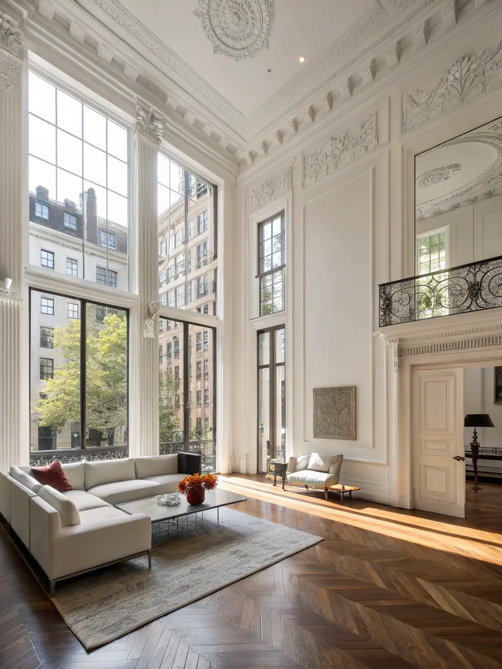 A photograph displaying a beautifully finished interior living room, highlighting the quality of the paint job, the elegant flooring, and the overall aesthetic appeal achieved through Bud-Max Renowacje's interior finishing services.