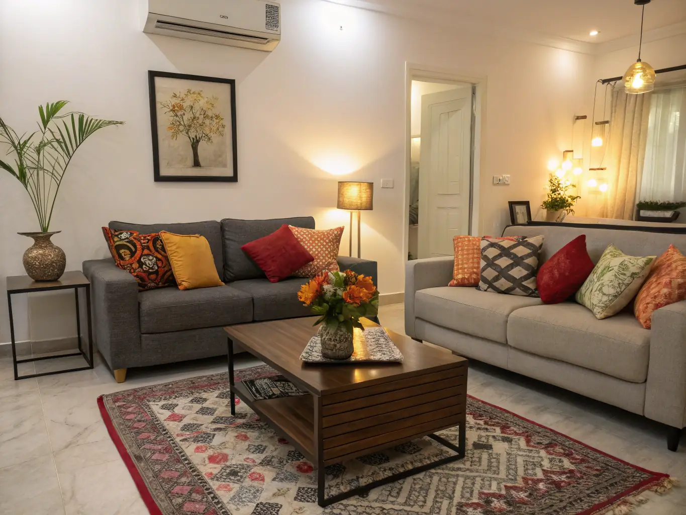 A photograph showcasing a beautifully renovated apartment living room with modern furniture and stylish decor, highlighting the transformation from an outdated space to a contemporary living area.