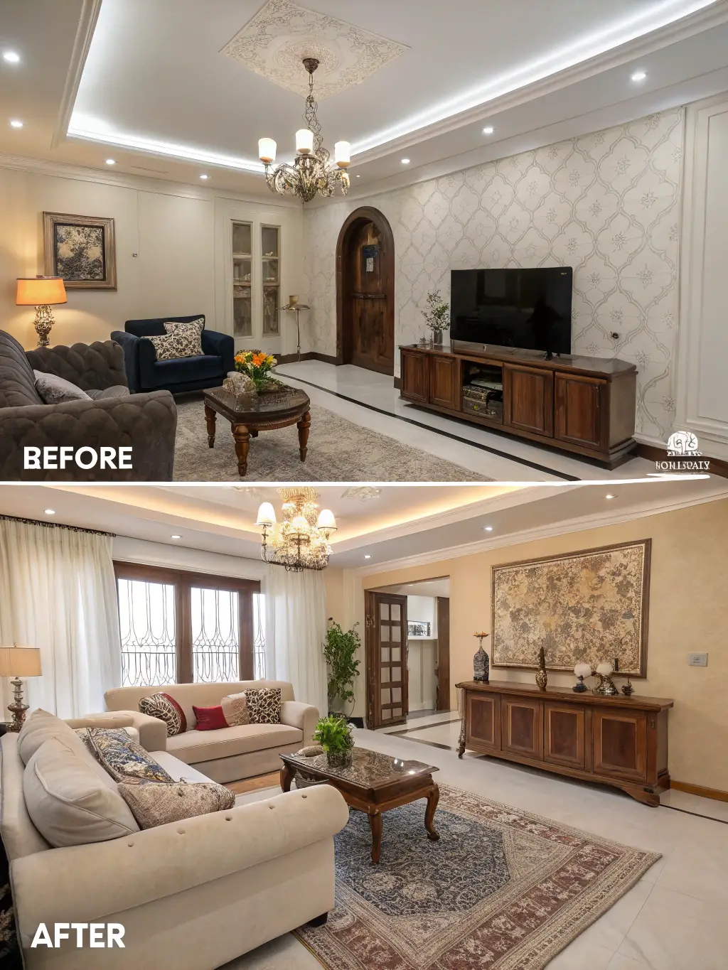 A 'before and after' photo demonstrating a significant transformation achieved by Bud-Max Renowacje in an apartment renovation project.